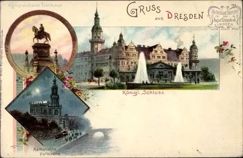 Litho Dresden in Sachsen, Königl. Schloss, Kath. Hofkirche, König Johann Denkmal