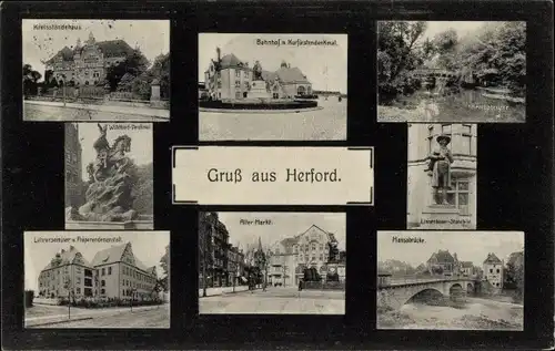 Ak Herford in Westfalen, Bahnhof mit Denkmal des Grossen Kurfürsten, Alter Markt, Brücke