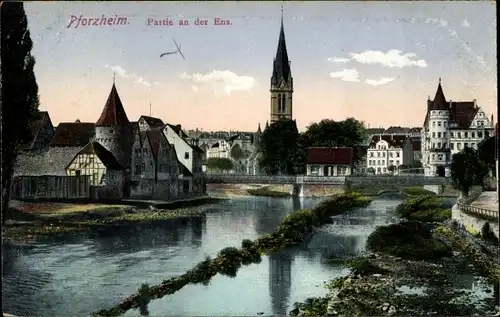 Ak Pforzheim im Schwarzwald, Partie an der Ens, Kirche