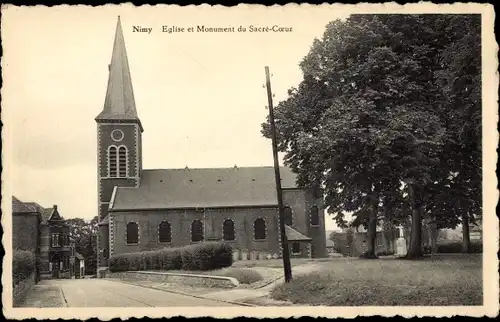 Ak Nimy Hennegau Wallonie, Eglise et Monument du Sacre-Coeur