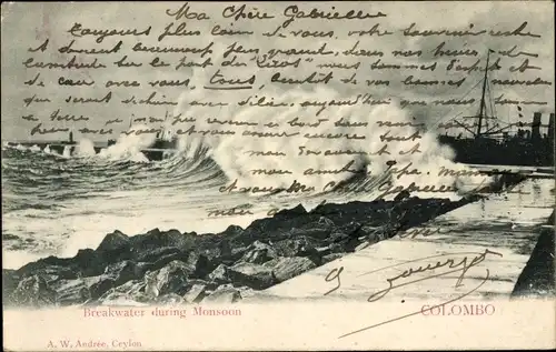 Ak Colombo Ceylon Sri Lanka, Wellenbrecher während des Monsuns