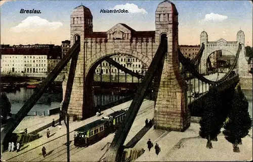 Ak Wrocław Breslau Schlesien, Kaiserbrücke, Straßenbahn