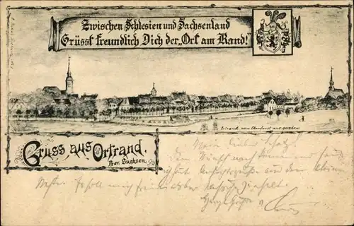 Litho Ortrand in der Niederlausitz, Gesamtansicht, Wappen