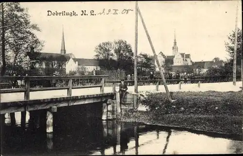 Ak Dobrilugk Doberlug Kirchhain in Brandenburg, Brücke, Fluss, Kirche