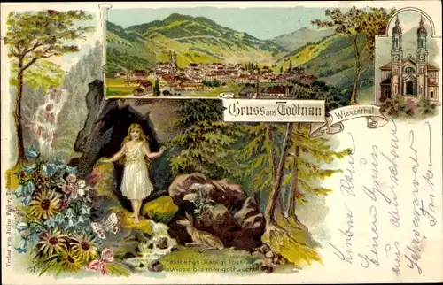 Litho Todtnau im Schwarzwald, Gesamtansicht, Kirche, Feldberg