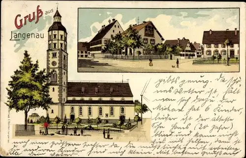 Litho Langenau in Württemberg, Kirche, Marktplatz, Straßenpartie