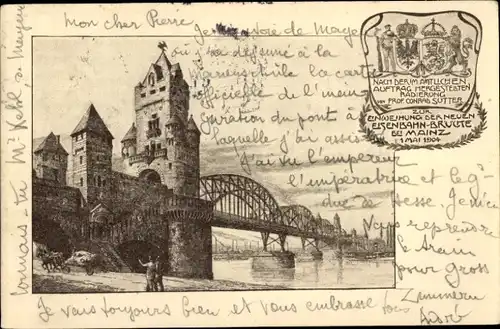 Künstler Ak Mainz am Rhein, Eisenbahnbrücke