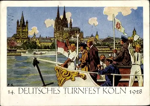Künstler Ak Köln am Rhein, 14. Deutsches Turnfest, 1928, Touristen am Bord des Schiffes