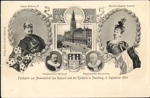 Ak Hamburg Mitte Altstadt, Festkarte zur Anwesenheit des Kaisers und der Kaiserin, 6. September 1904
