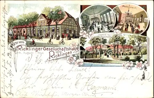 Litho Ricklingen Hannover in Niedersachsen, Ricklinger Gesellschaftshaus, Saal, Garten