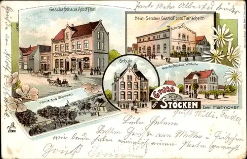 Litho Stöcken Hannover, Geschäftshaus Adolf Parl, Gasthof zum Turnerheim, Schule, Geschäft Wittbolle