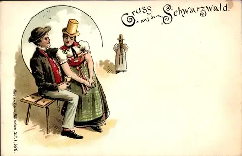 Litho Trachten Schwarzwald, Paar auf einer Bank