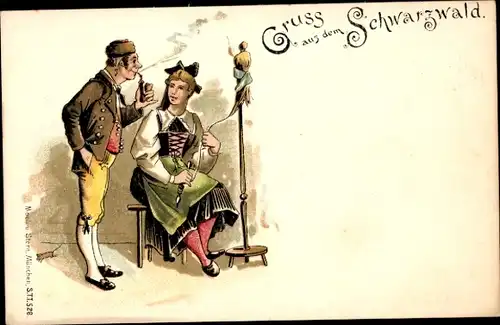 Litho Frau und Mann in Schwarzwälder Tracht, Pfeife, Spindel