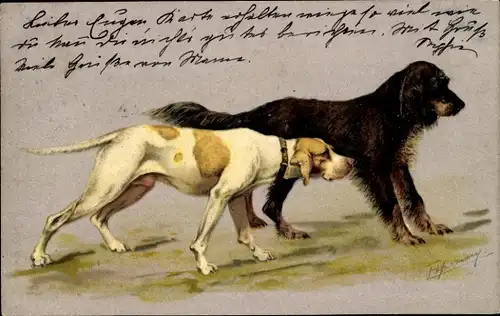 Präge Künstler Litho Zwei Hunde, Jagdhunde