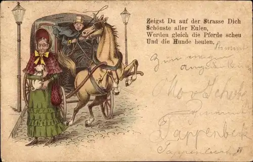 Litho Erschrockenes Pferd, Kutsche, Zeigst Du auf der Straße Dich, Schönste aller Eulen...