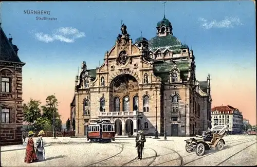 Ak Nürnberg in Mittelfranken Bayern, Stadttheater, Straßenbahn, Auto
