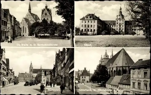 Ak Zerbst in Anhalt, Die Breite mit St. Bartholomäuskirche, Schloss, Marktplatz, Schleibank, Rathaus