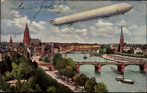 Künstler Ak Frankfurt am Main, Internationale Luftfahrtausstellung, Zeppelin über der Stadt