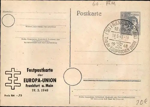 Ganzsachen Künstler Ak Frankfurt am Main, Werbung für Tag der Europäischen Union, 1948