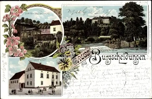 Litho Burgscheidungen Laucha an der Unstrut, Schloss, Gasthof Jul. Krausse, Garten