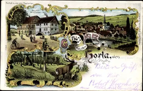 Litho Horla Sangerhausen am Südharz, Gasthof zu den drei Kastanien, Kohlenmeiler, Hirsch, Totale