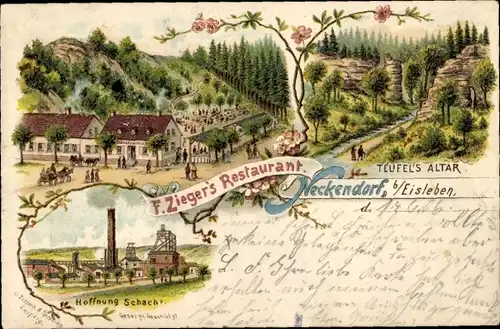 Litho Neckendorf Lutherstadt Eisleben, F. Ziegers Restaurant, Hoffnung Schacht, Teufels Altar