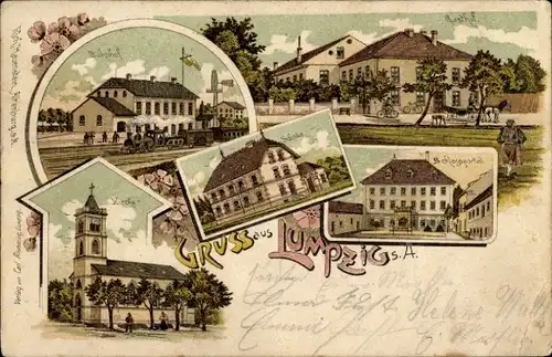 Litho Lumpzig Schmölln in Thüringen, Bahnhof, Gasthof, Schule, Schlossportal, Kirche