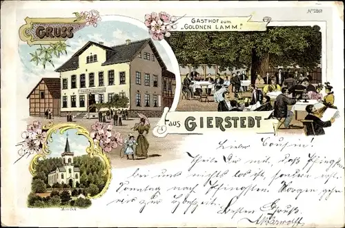 Litho Gierstedt Gierstädt in Thüringen, Gasthof zum Goldnen Lamm, Kirche