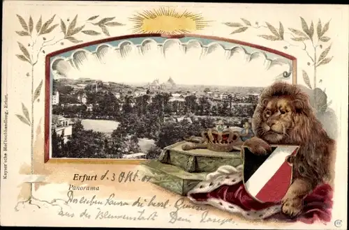 Präge Wappen Passepartout Ak Erfurt in Thüringen, Panorama, Löwe, Krone