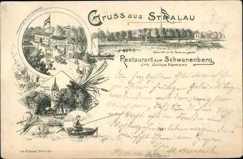 Litho Berlin Friedrichshain Stralau, Restaurant zum Schwanenberg, Stralauer Kirche