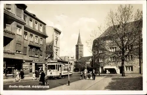 Ak Berlin Köpenick, Schüßlerplatz, Straßenbahn, Geschäfte