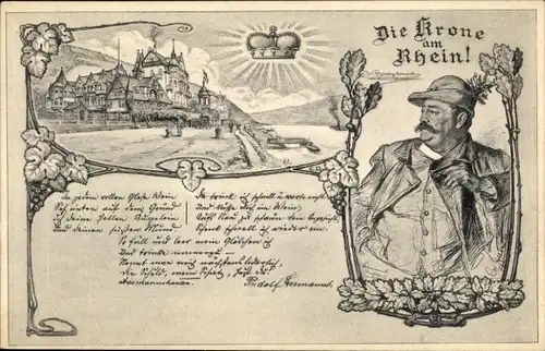 Litho Krone am Rhein, Mann-Portrait, Hut, Eichenlaub, Gedicht