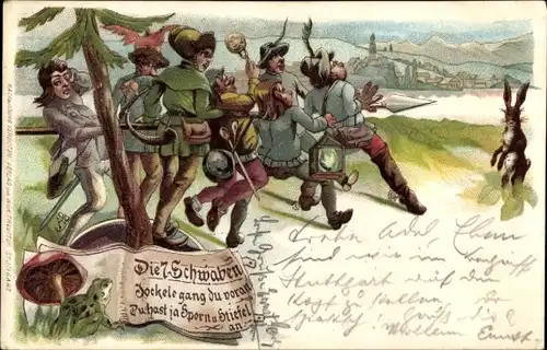 Litho Die 7 Schwaben, Schwabische Tracht, Singende Männer, Hase