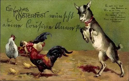 Präge Litho Glückwunsch Ostern, Hahn, Küken, Hühner, Ziege