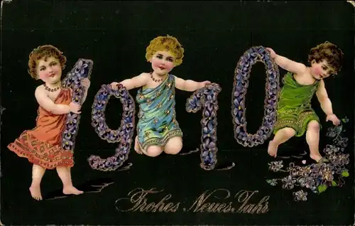 Präge Ak Glückwunsch Neujahr 1910, Kinder, Blumen