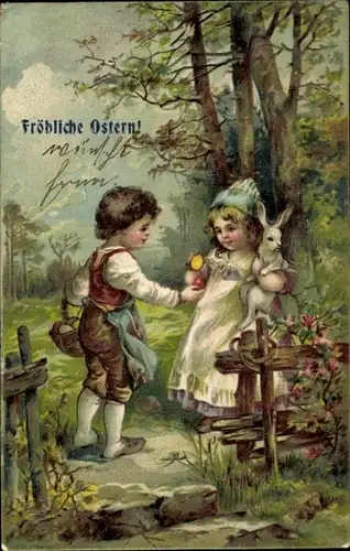 Präge Ak Glückwunsch Ostern, Kinder, Ostereier, Hase