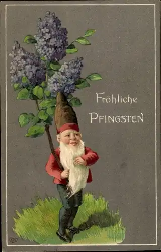 Präge Ak Glückwunsch Pfingsten, Zwerg, Blumen