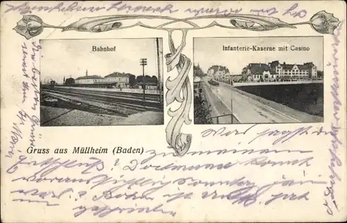 Ak Müllheim in Baden Markgräflerland, Bahnhof, Infanterie-Kaserne, Casino