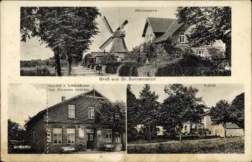 Ak Groß Sonnendeich Seester in Schleswig Holstein, Windmühle, Gasthof zum Lindenbaum, Schloss