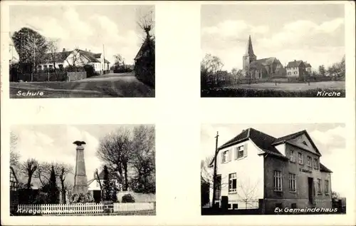 Ak Lünern Unna im Ruhrgebiet, Schule, Kirche, Kriegerdenkmal, Gemeindehaus