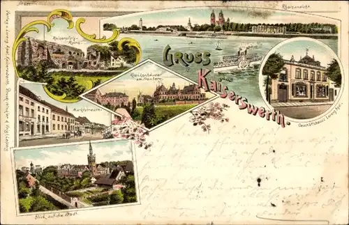 Litho Kaiserswerth Düsseldorf am Rhein, Geschäftshaus, Krankenhäuser am Fronberg, Kaiserpfalz