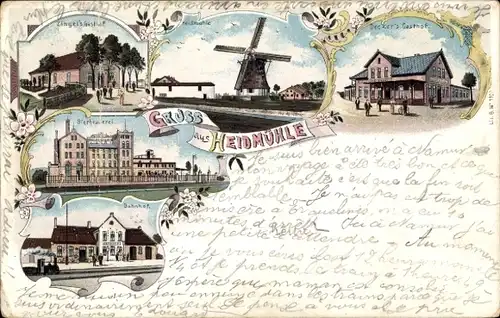 Litho Heidmühle Schortens in Friesland, Bierbrauerei, Zingels Gasthof, Windmühle, Bahnhof, Gleise