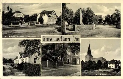 Ak Lünern Unna im Ruhrgebiet, Evangelische Kirche, Pastorat, Gemeindehaus, Ehrenmal