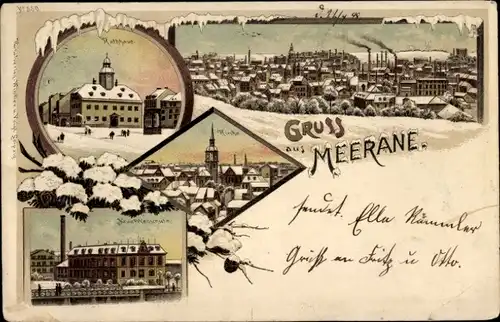 Litho Meerane in Sachsen, Schule, Kirche, Rathaus, Totalansicht