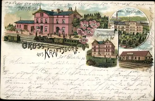 Litho Kraftsdorf in Thüringen, Bahnhof, Genesungsheim, Fassfabrik