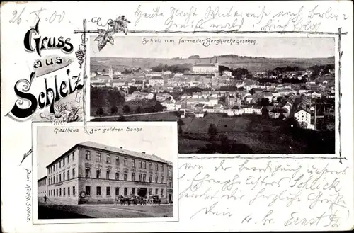 Ak Schleiz im Vogtland Thüringen, Gasthaus zur goldenen Sonne, Gesamtansicht, Bergkirche