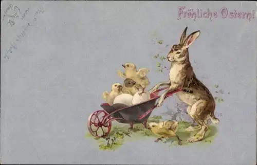 Künstler Ak Fröhliche Ostern, Osterhase mit Karre, Küken