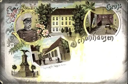 Litho Schönhausen an der Elbe, Kriegerdenkmal, Geschäft, Geburtszimmer des Fürsten, Bismarck
