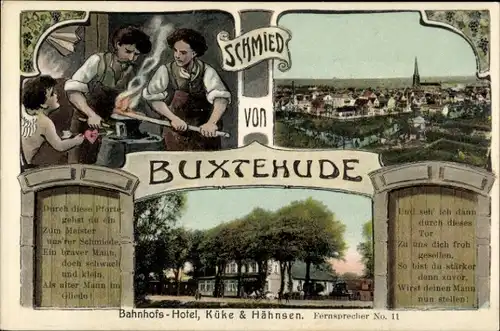 Ak Buxtehude in Niedersachsen, Schmied, Bahnhofshotel, Ortspanorama