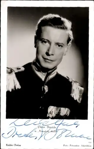 Ak Schauspieler Dieter Borsche, Portrait, Uniform, Epauletten, Ordensspange, Autogramm